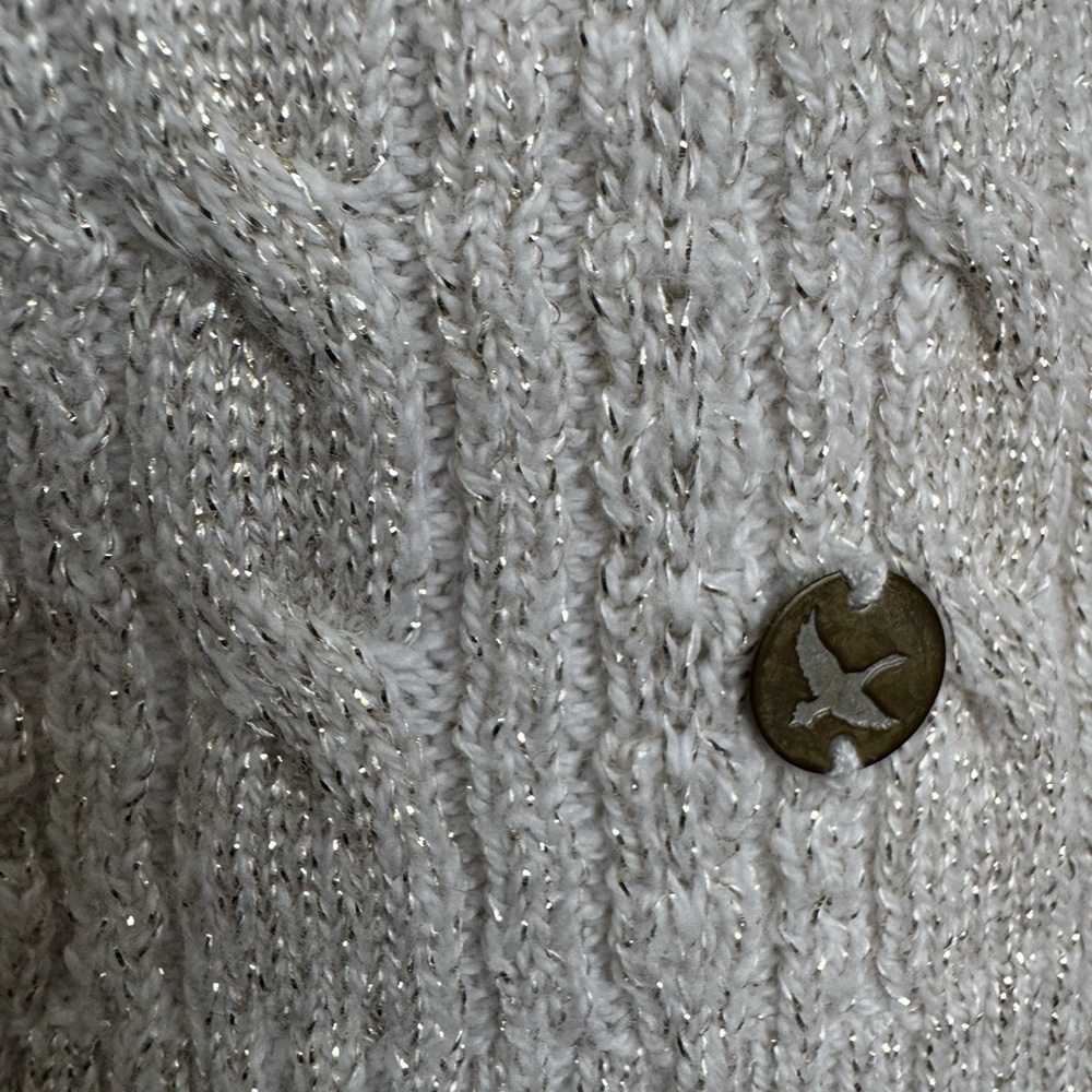 Eddie Bauer Ivory Cable Knit Cardigan Metallic Gold Thread Accents Size Medium - Picture 11 of 14